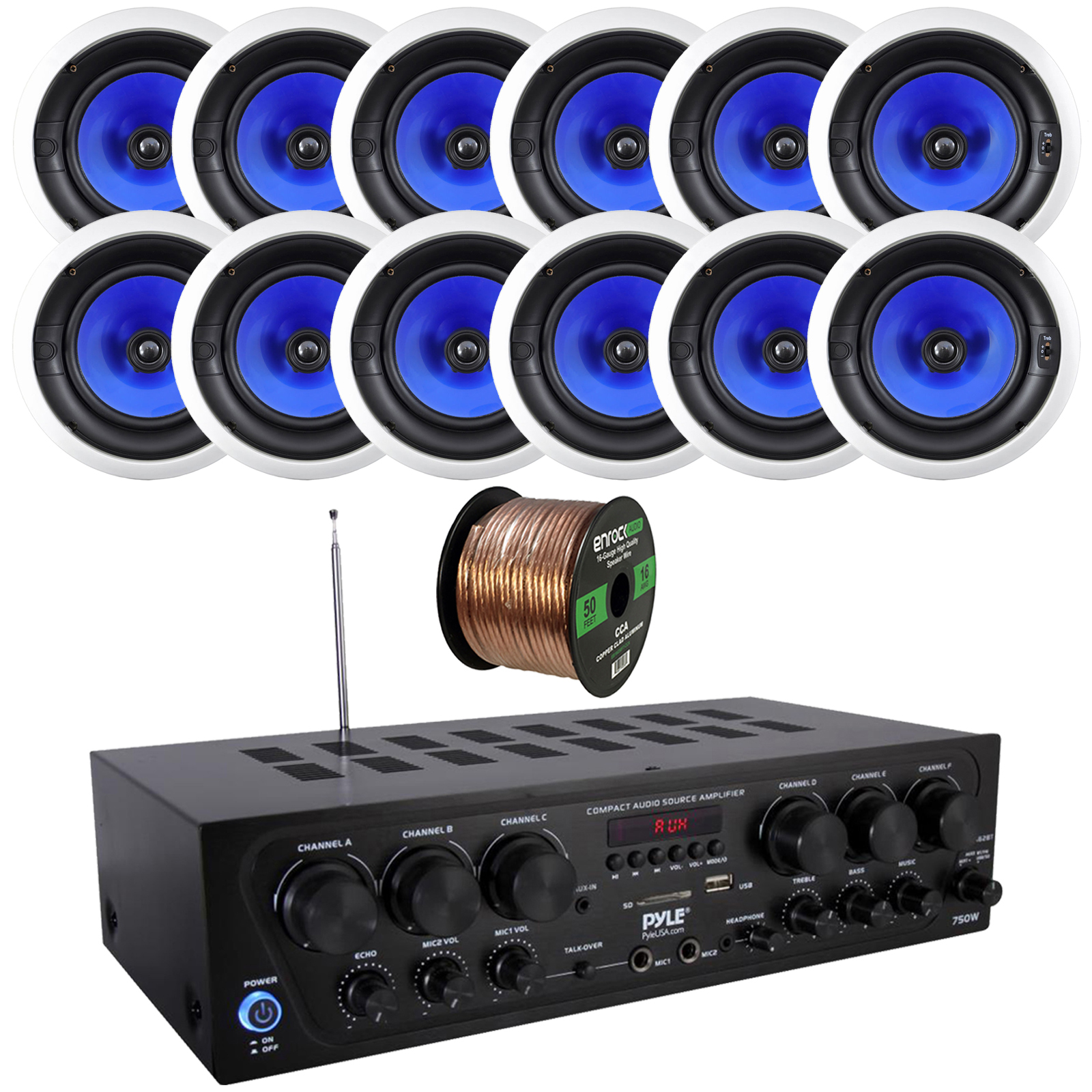 Pyle 6-Channel 750W Bluetooth USB AUX FM Stereo Amplifier Receiver Home Audio System Bundle Combo with 12x 8" 300W 2-Way Full Range In-Ceiling Stereo Speakers, 16 Gauge 50 Feet Speaker Wire - image 1 of 4