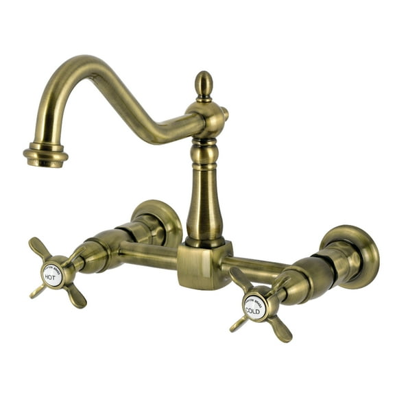 Kingston Brass KS1243BEX Essex Double-Handle Wall-Mount Bridge Kitchen Faucet, Antique Brass