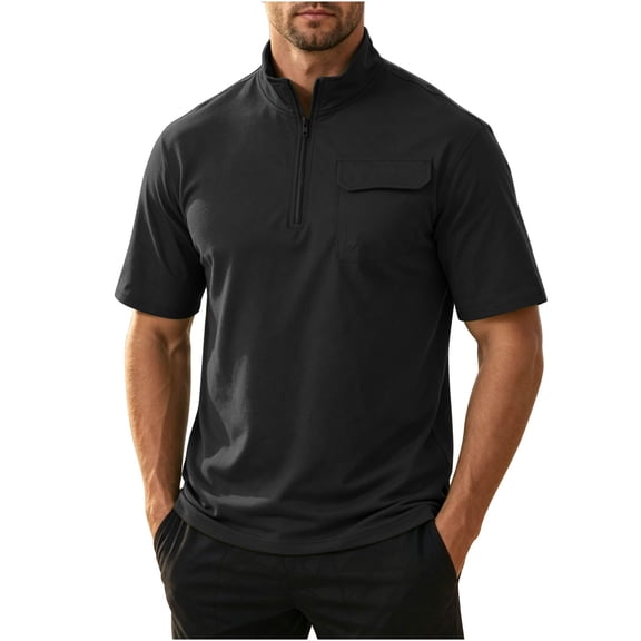 KIHOUT Men's Quarter-Zip Stand Collar Short Sleeve Shirt, Quick-Dry Polyester Top with Chest Pocket for Outdoor Sports & Casual Wear