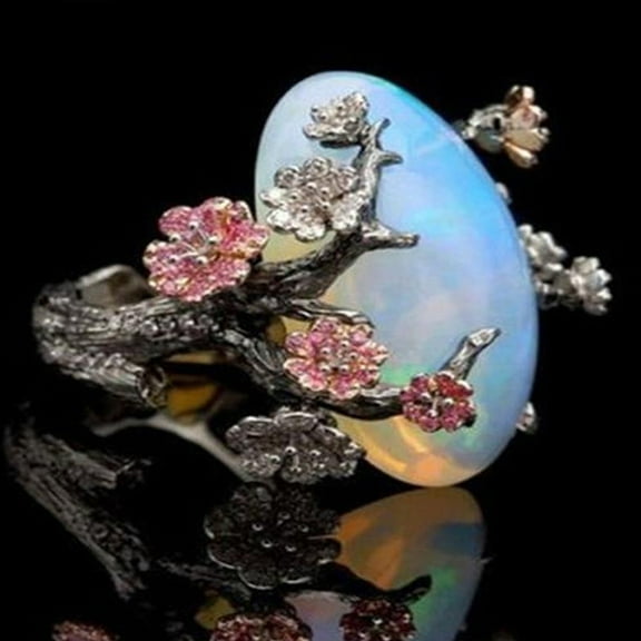 Opvise Vintage Women Faux Opal Plum Blossom Flower Two Tone Finger Ring Jewelry Gift