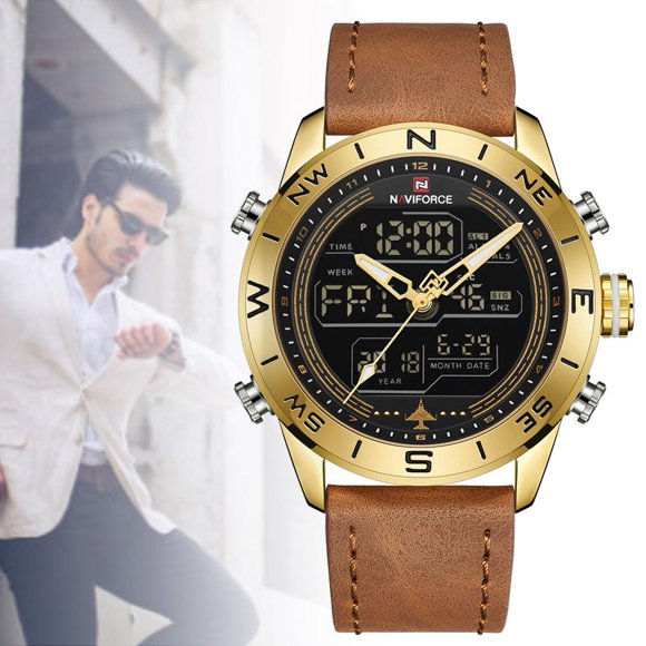 Keenso NAVIFORCE Montre Sport à Quartz pour Homme Bracelet en Cuir PU Analogique Montre Étanche Chaude