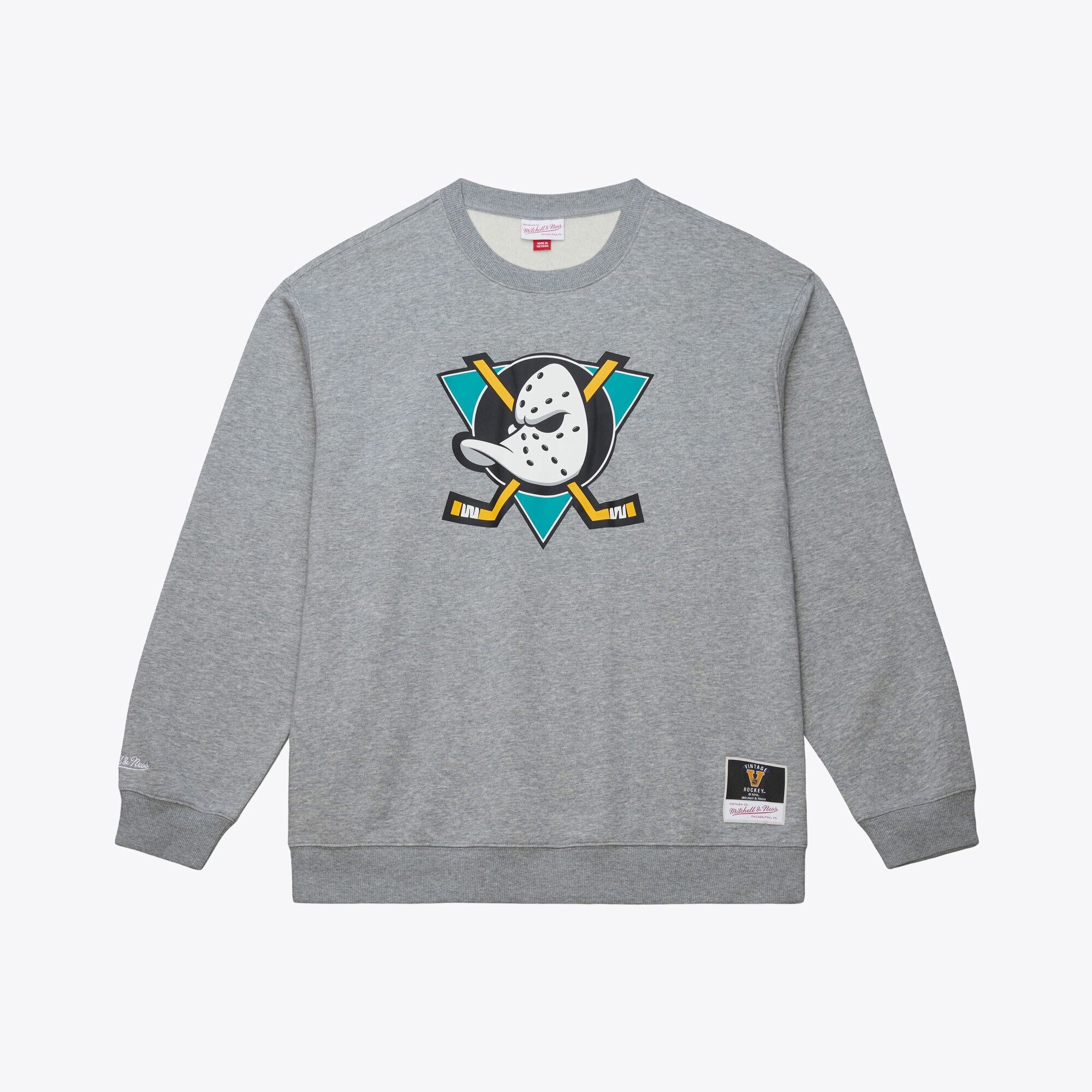 Men's Mitchell & Ness Heather Gray Anaheim Ducks Walk-Off Vintage Logo Fleece Crewneck Sweatshirt