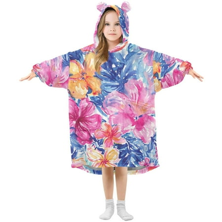 Colorful Flowers Watercolor Style Flannel Wearable Blankets Hooded Design Long Sleeves Wrap Unisex for 3T-14Y M Colorful Flowers Watercolor Style Flannel Wearable Blankets Hooded Design Long Sleeves Wrap Unisex for 3T-14Y M
