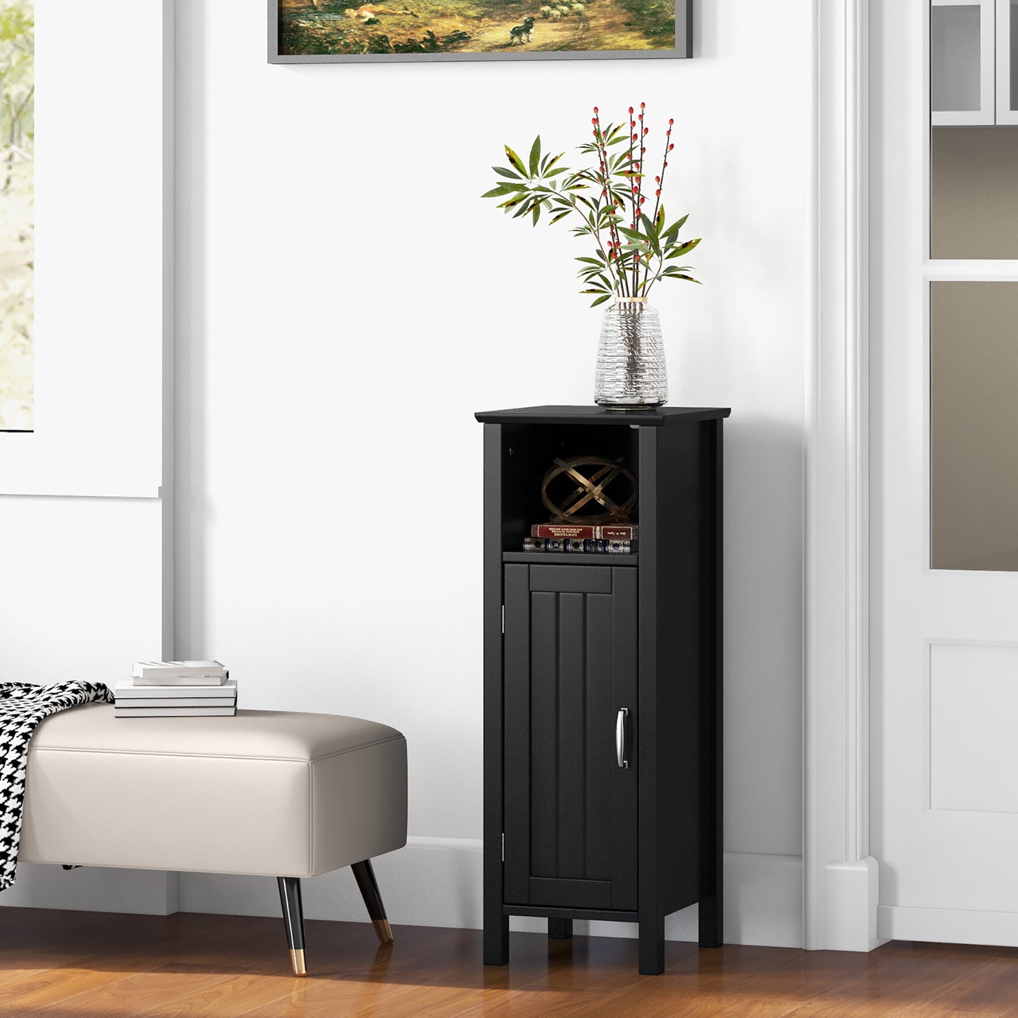 Gymax Bathroom Storage Organizer Narrow Floor Cabinet w/ 2-Tier Cabinet Open Compartment Black