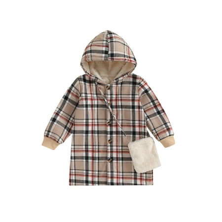 

Qtinghua Toddler Baby Girls Winter Coat Plaids Print Long Sleeve Hoodie Jacket Outwear and Crossbody Bag Beige 4T