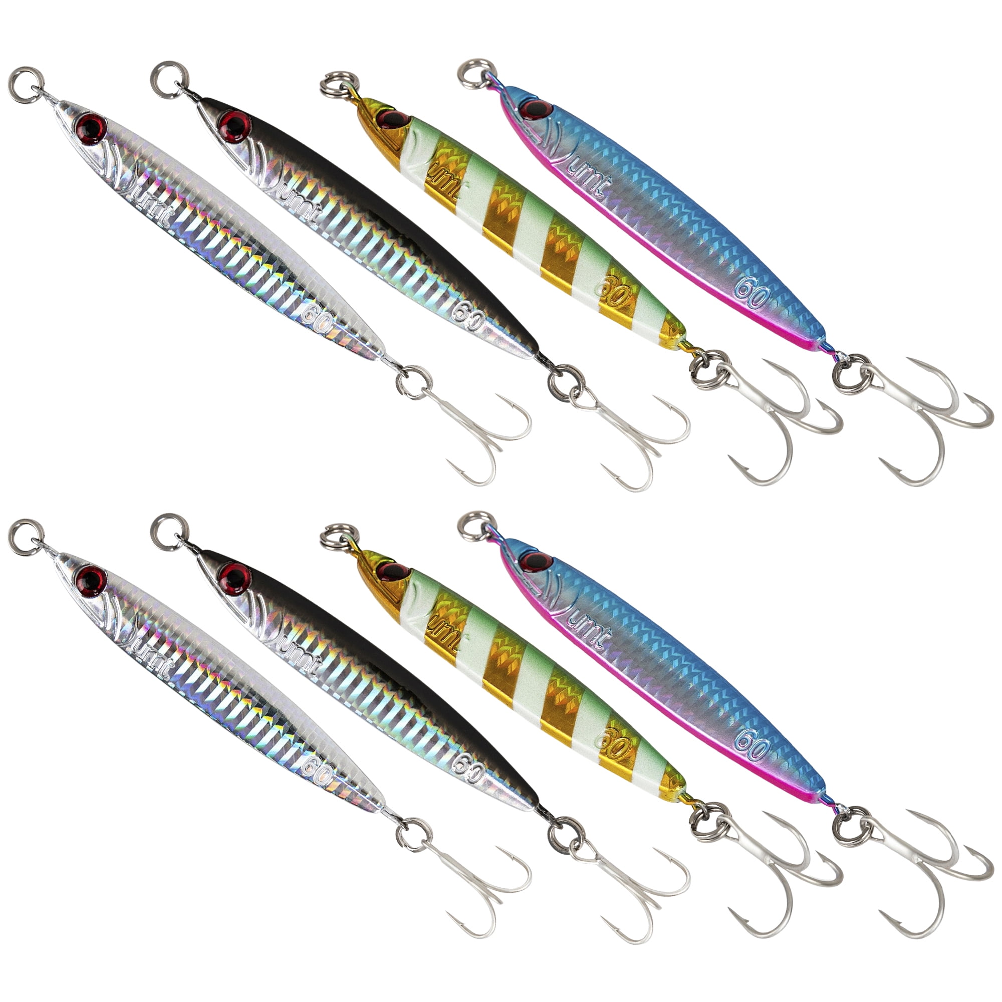 60g Multicolor Casting Jigs (8Pk) by UMT - Saltwater & Freshwater Fishing Jig for Sea Bass, Fluke, Porgy - Treble Hooks