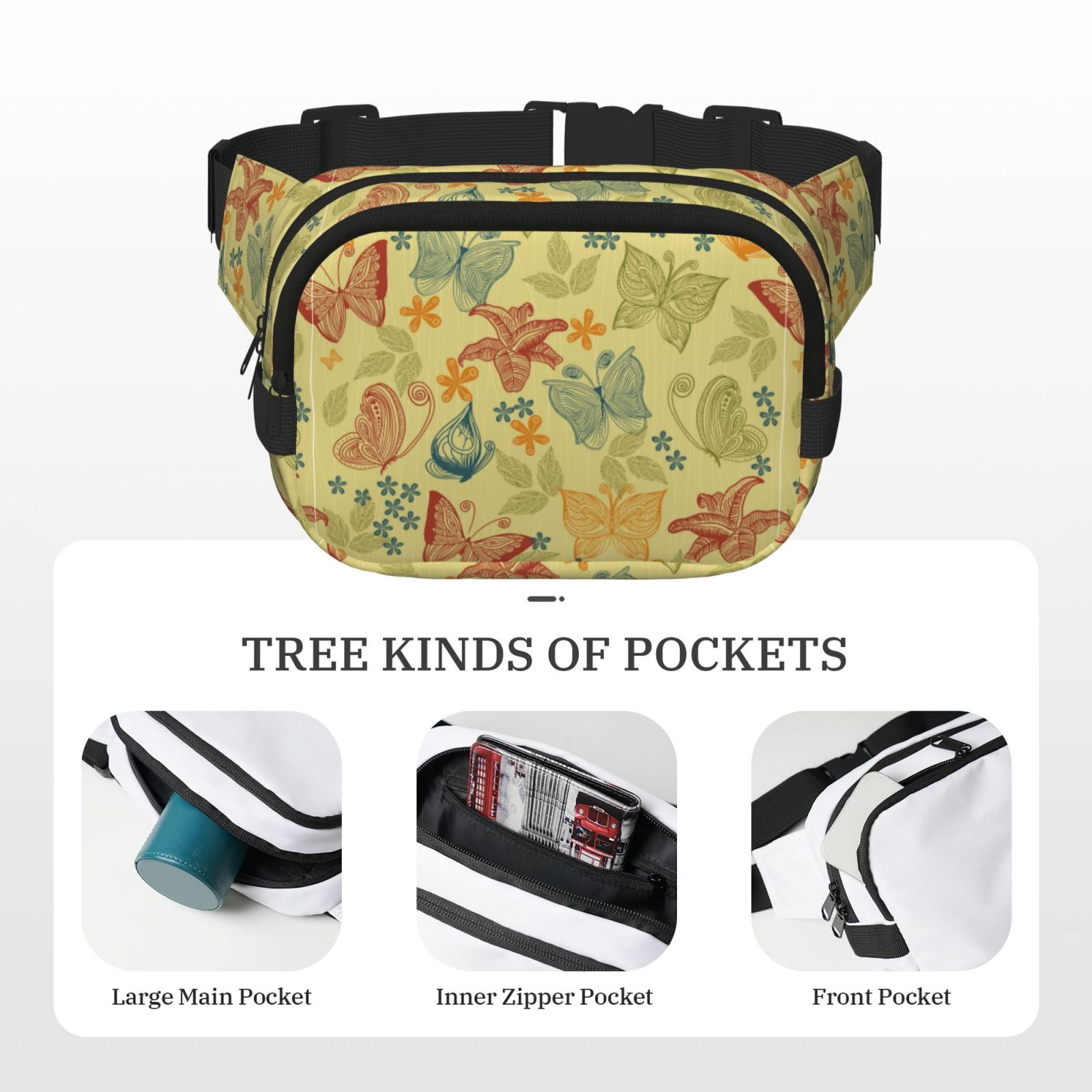 Picia Floral with Butterflies Print Square Double-Layer Waist Bag Mini Adjustable Waist Belt Bag Exercise Running Travel Hiking
