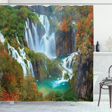 Ambesonne Croatia Shower Curtain, Waterfalls of Plitvice Park, 69"Wx70"L, Multicolor