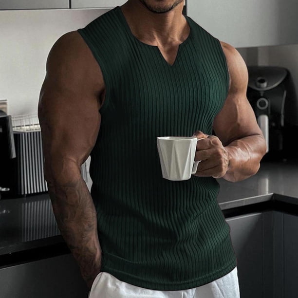 Ceisia Men's Slim-Fit V-Neck Ribbed Knit Sleeveless Tank Top Green XXL Gifts