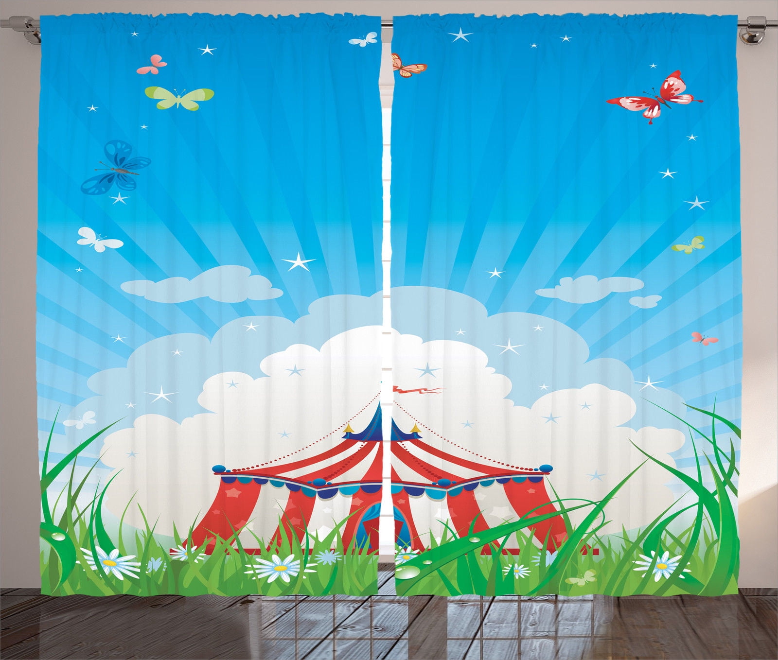 Circus Decor Curtains 2 Panels Set, Travelling Circus Tent With Clouds