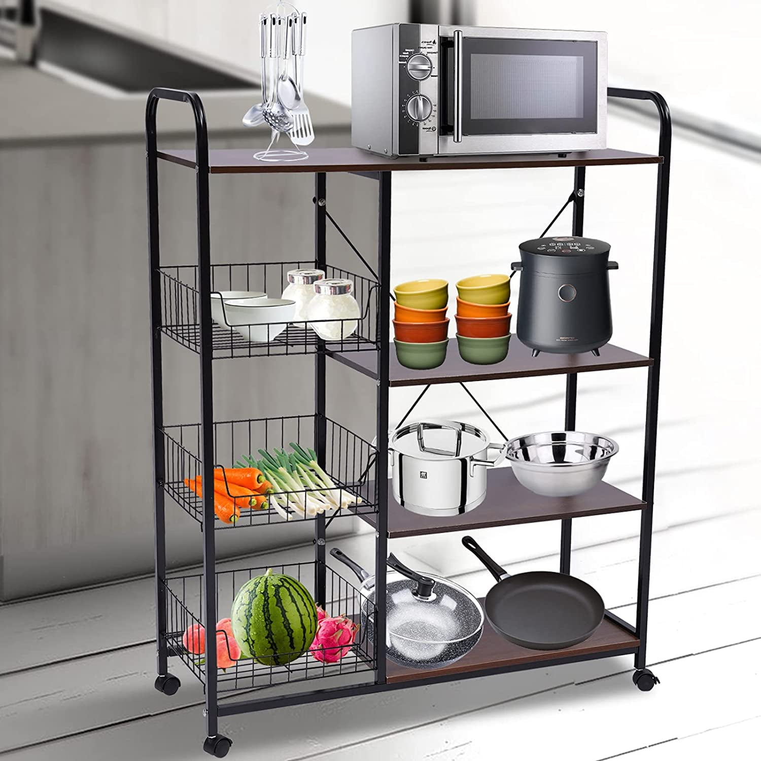 MONVANE Kitchen Baker's Rack Storage Shelf Microwave Cart Oven Stand Coffee  Bar with Side Hooks 4 Tier Shelves(Rustic Brown)