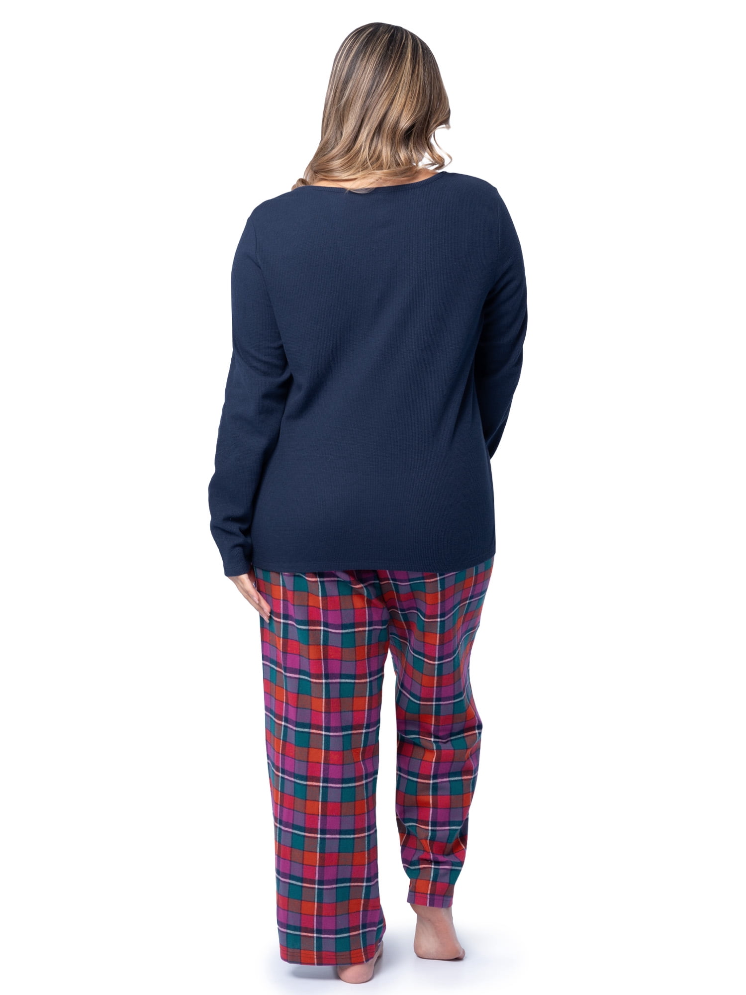 Fruit of the Loom Women's Beyond Soft Long Sleeve Waffle Top and Flannel Bottom Pajama Set, Sizes S-4X