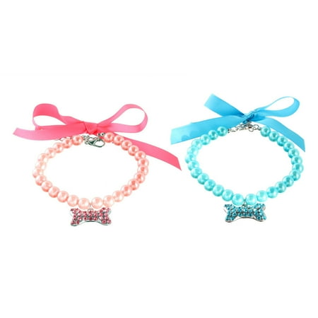 2Pcs Dog Cat Pearl Collar Necklace With Rhinestone Bone  Fancy Cat Wedding Collar Jewelry For Girl Cat Puppy Dogs Accessories - Pink+Blue