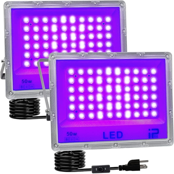 2 Pack 50W LED UV Black Light, Powerful Blacklight Flood Light with Plug and Switch, IP66 Waterproof, 395-405nm Blacklight Lamp for Party Body Paint Fluorescent Poster Halloween
