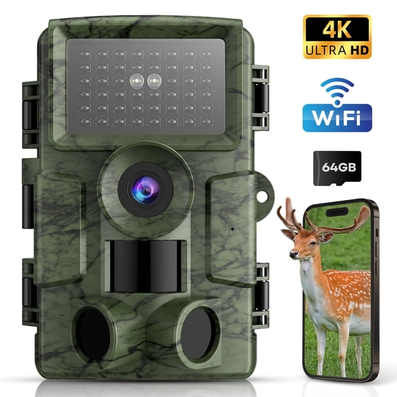 BEBANG 60MP 4K WiFi Trail Camera, 1296P Ultra HD, 120° Wide-Angle Night Vision Trail Camera, 24/7 Wildlife Monitoring & Home Security, 64GB
