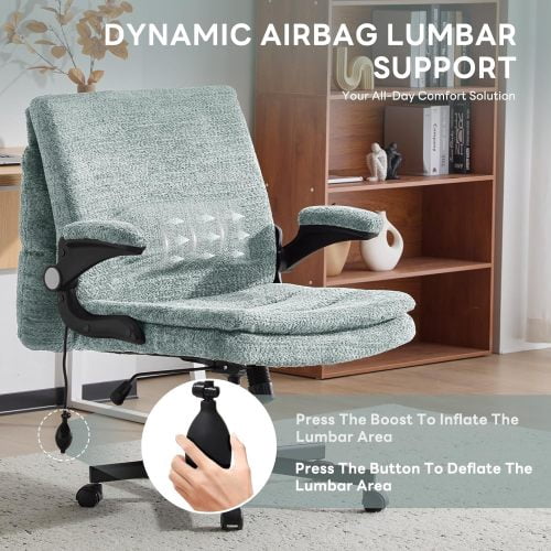 Criss Cross Legged Office Chair with Flip-Up Back, Built-In Dynamic Airbag Lumbar Support, Wide Seat Desk Chair with Flip-Up Arms, Modern Cross-Leg Chair for Home Office, Vanity, Light Green