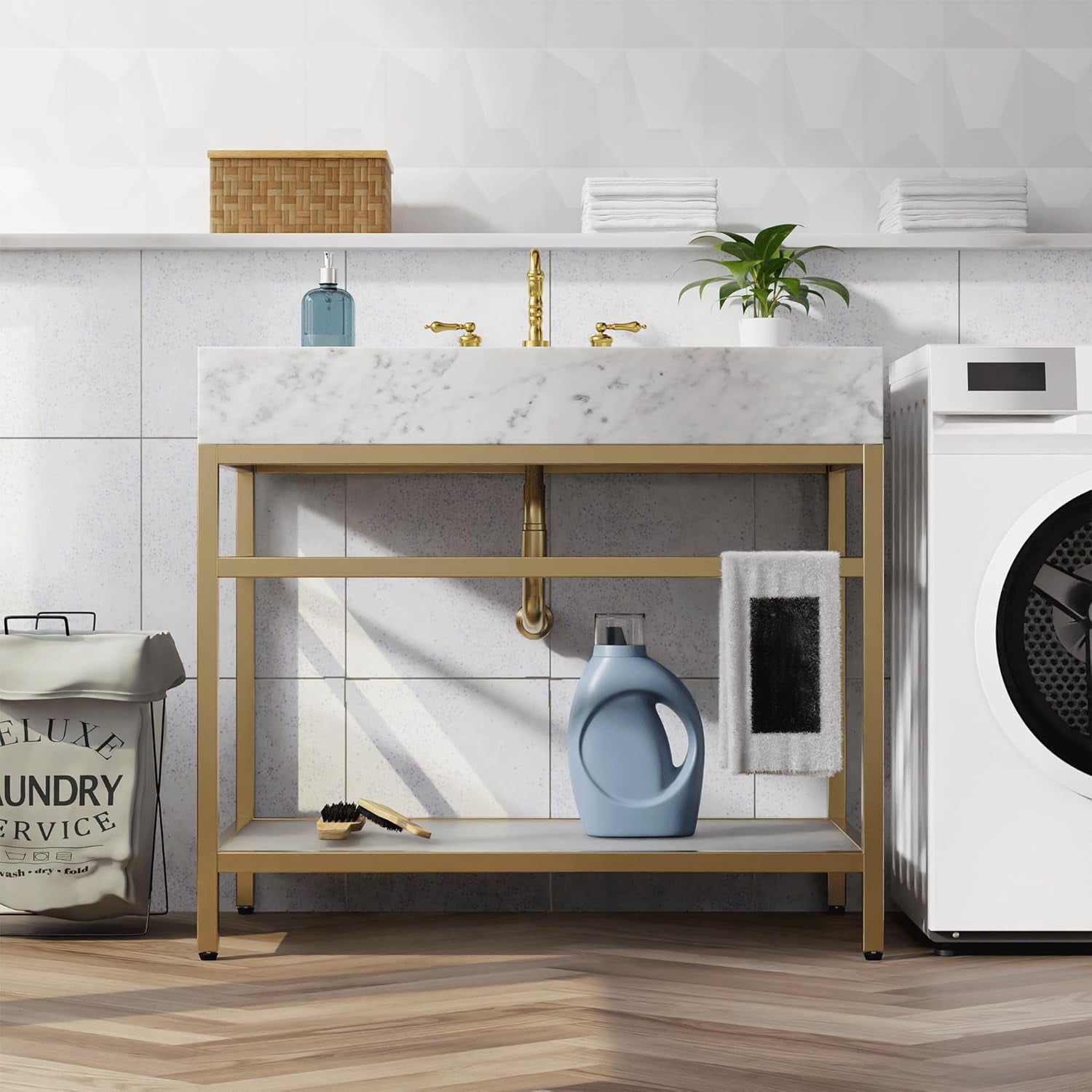 GGISHA 36"x 21"Freestanding Bathroom Vanity with Sink,Carrara Marble,Golden Frame for Laundry Room,Utility Room