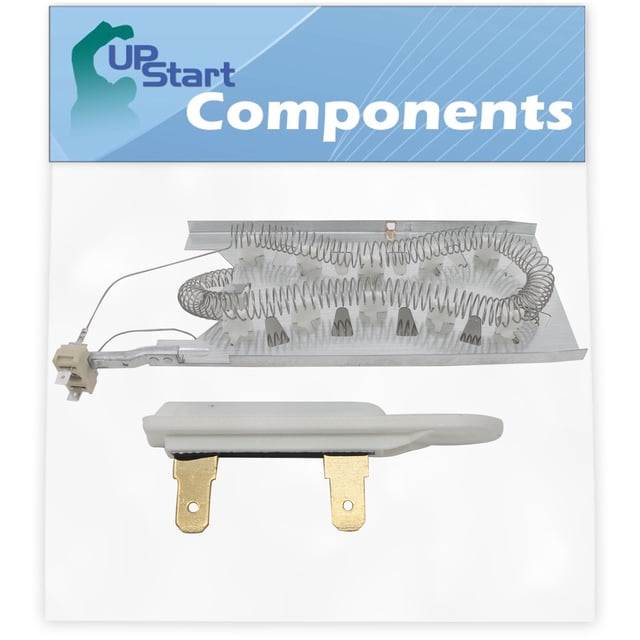UpStart Components replacement 3387747 dryer heating element and 3392519 thermal fuse kit compatible with Whirlpool WED8300SW2 dryer. Includes a durable heating element with coiled wire and a thermal fuse with gold-plated connectors. Designed for easy at-home installation and compatibility with part numbers WP3387747, WP3392519, AP6008281, and more. Displayed against a white background with the UpStart Components logo at the top.