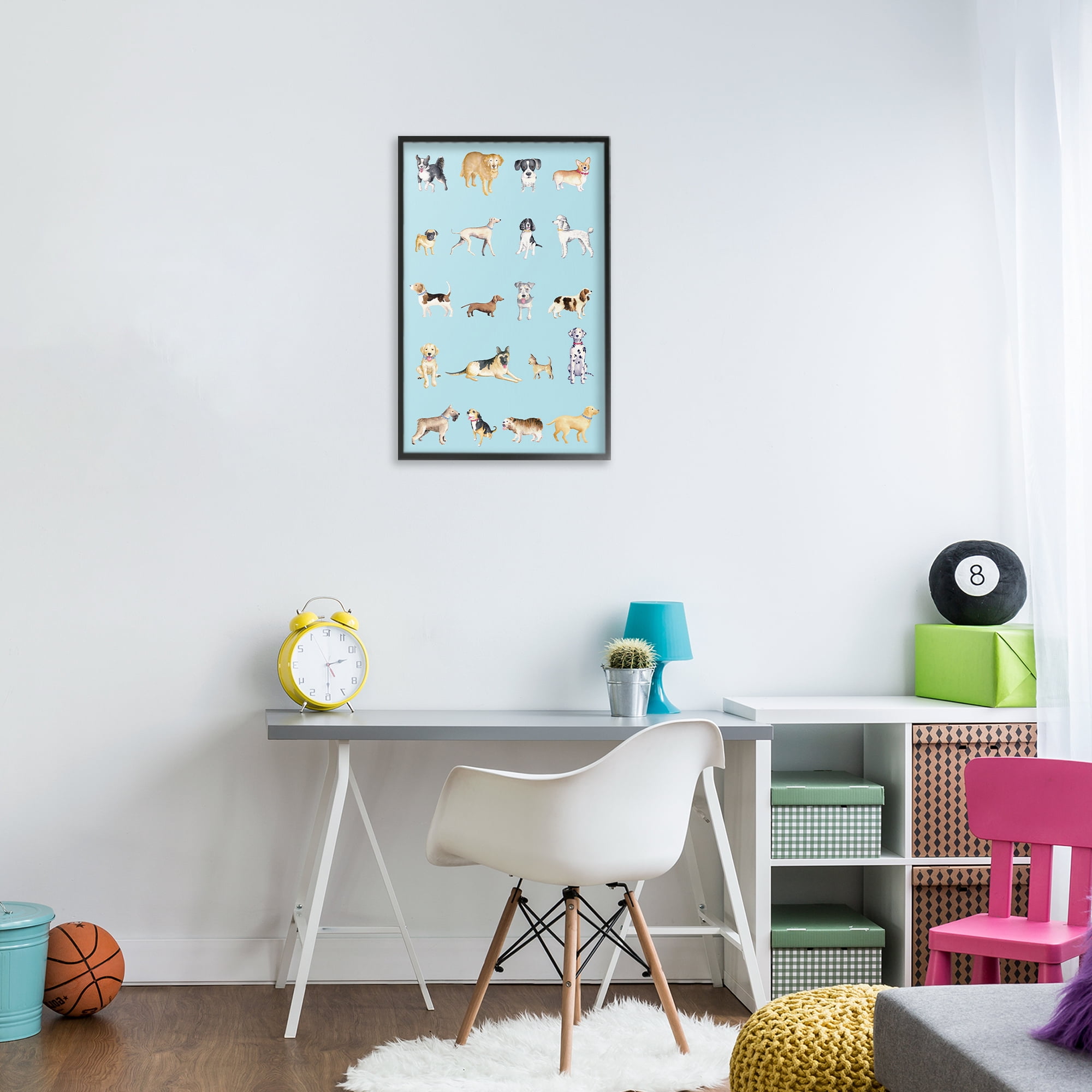 Stupell Industries Dog Breeds on Blue Black Framed Giclee Art, design by Andi Metz
