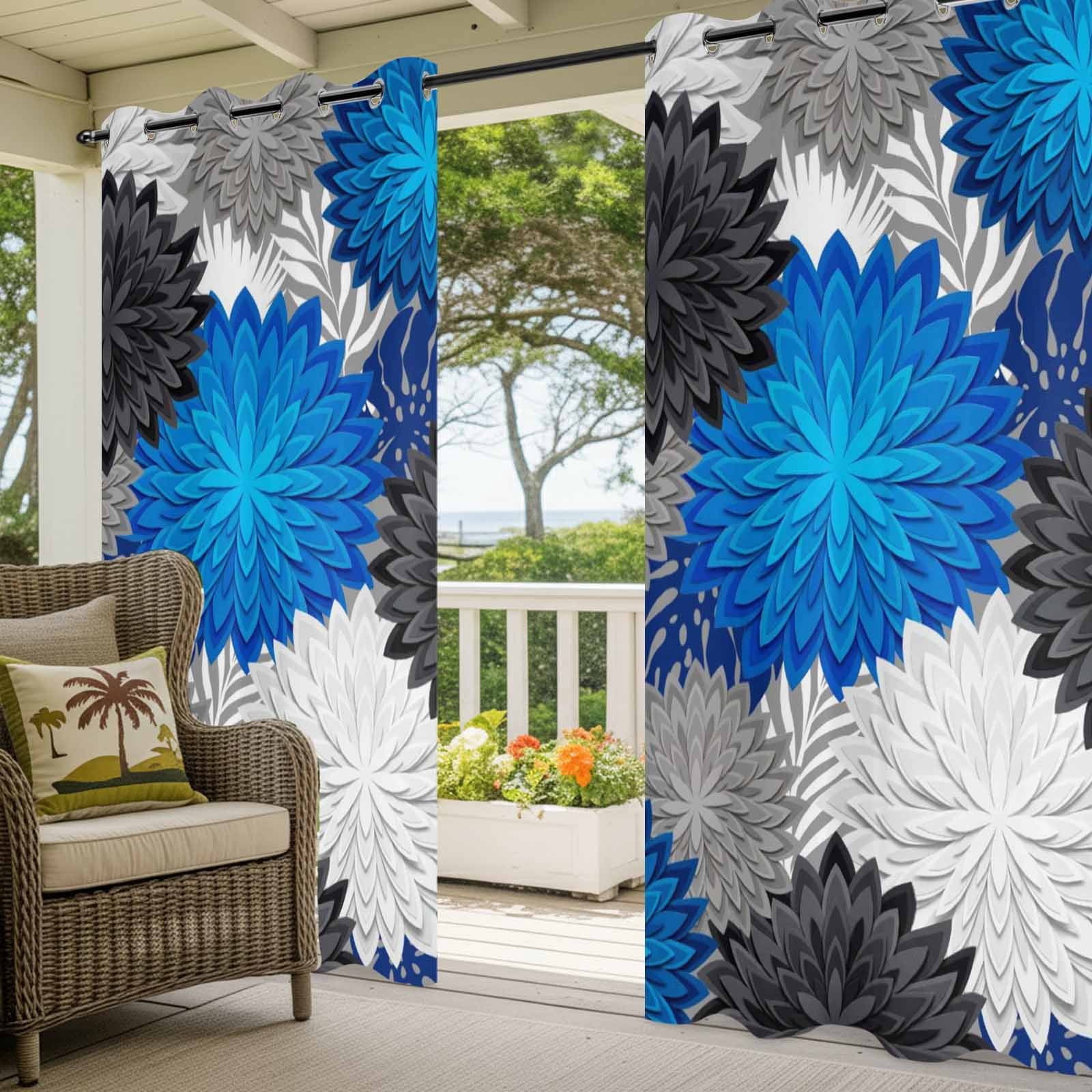 Blue Flower Bloom Outdoor Curtains for Patio, Modern Abstract Minimalist Black and White Floral Sunshade Privacy Drapes Grommet Waterproof Outside Curtains for Porch/Cabana/Balcony 54"x 108", 1 Panel