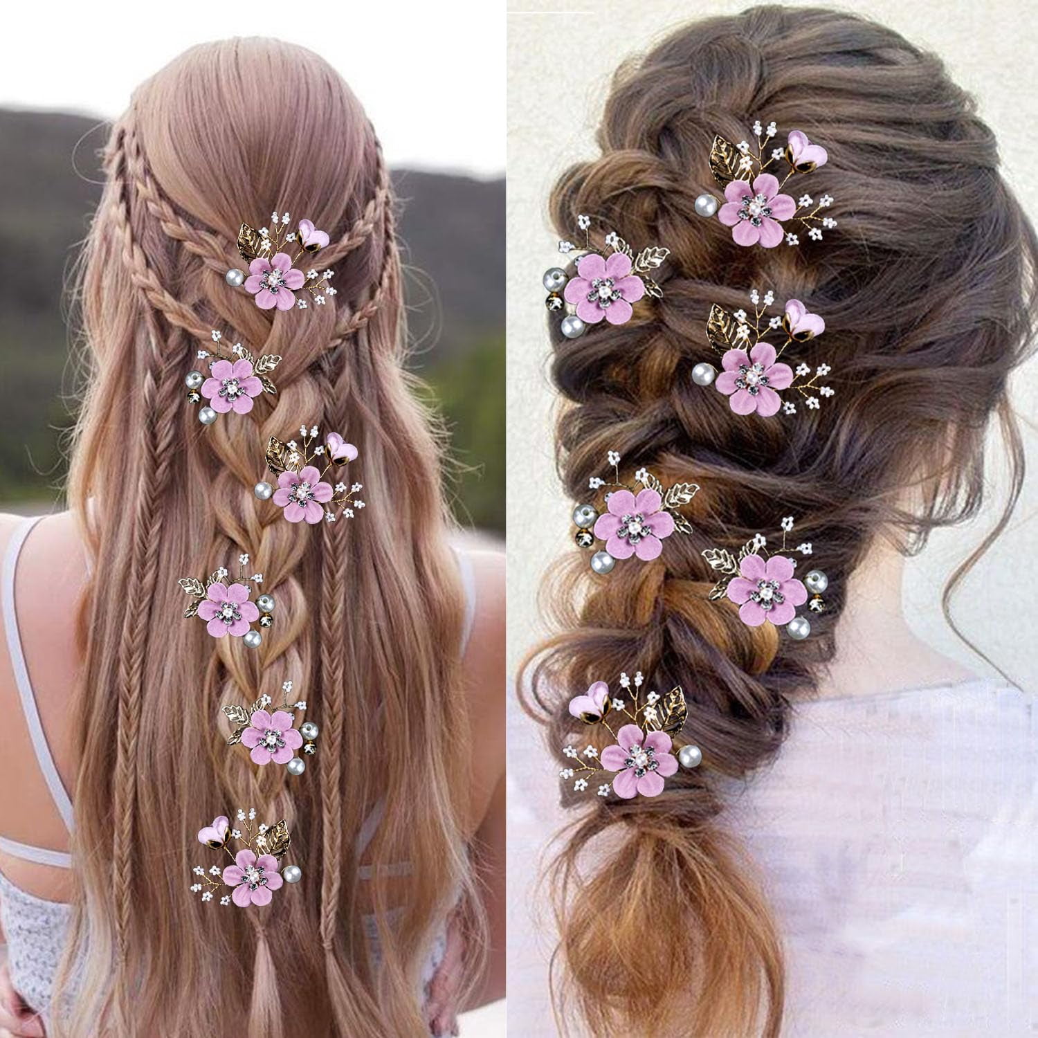 6 Pcs Bridal Flower Wedding Hair Pins Crystal Pearl Hair Pins Clips Headpiece Gold Wedding Hair Accessories Jewelry with Rhinestone for Brides Bridesmaids Women Girls Updo (Romantic Lilac Purple)