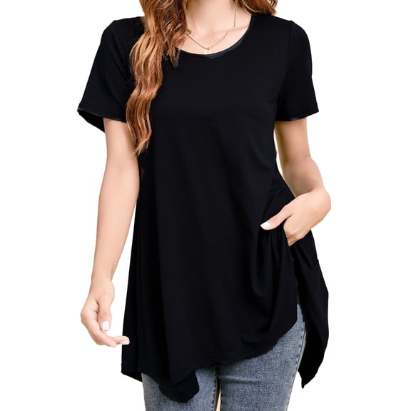 Sprinmer Plus Size Black Tunic Legging Top for Women Short Sleeve Crewneck Blouse Loose Summer Shirt