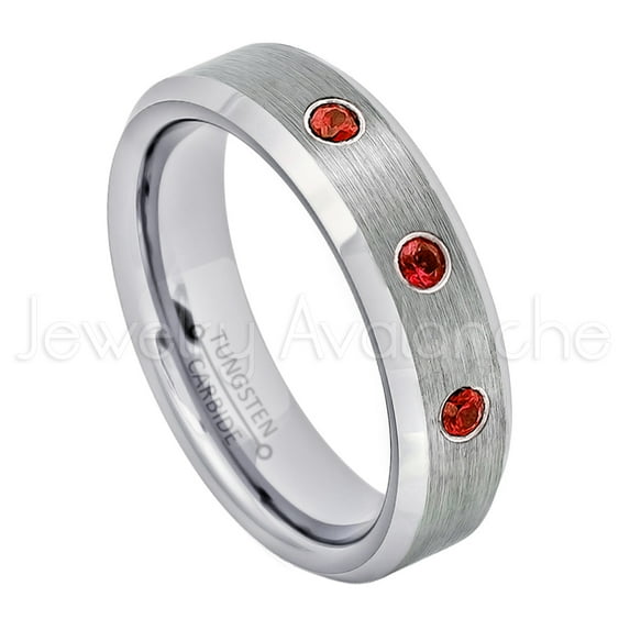 6mm Ladies Beveled Tungsten Ring - 0.21ctw Garnet 3-stone Band - Personalized Tungsten Wedding Ring - Custom Made January Birthstone Ring TN038BS