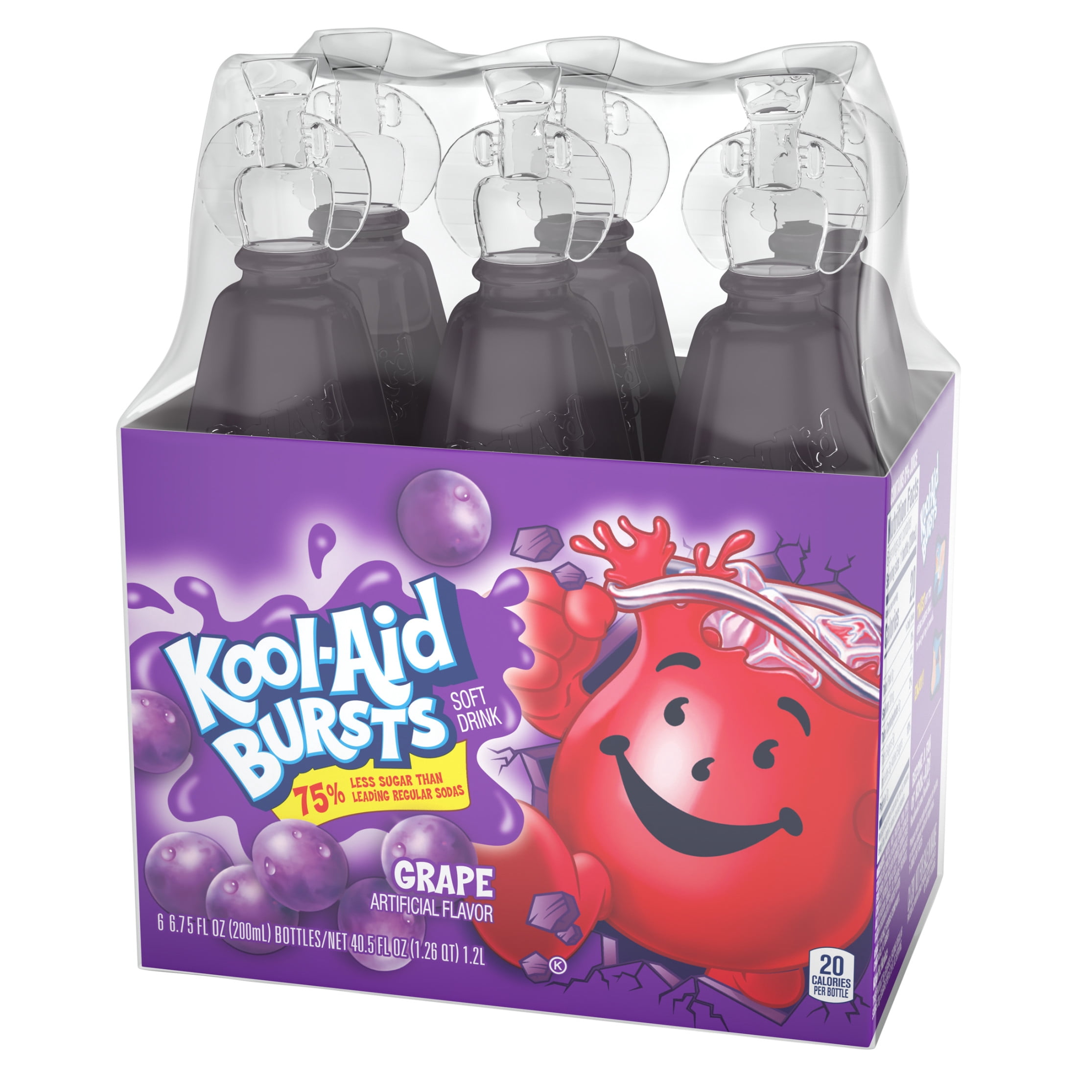 (8 pack) Kool-Aid Bursts Soft Drink, 6 Bottles, for School Lunches and On-the-Go Hydration, artificial flavor Grape, Caffeine Free, 6.75 oz