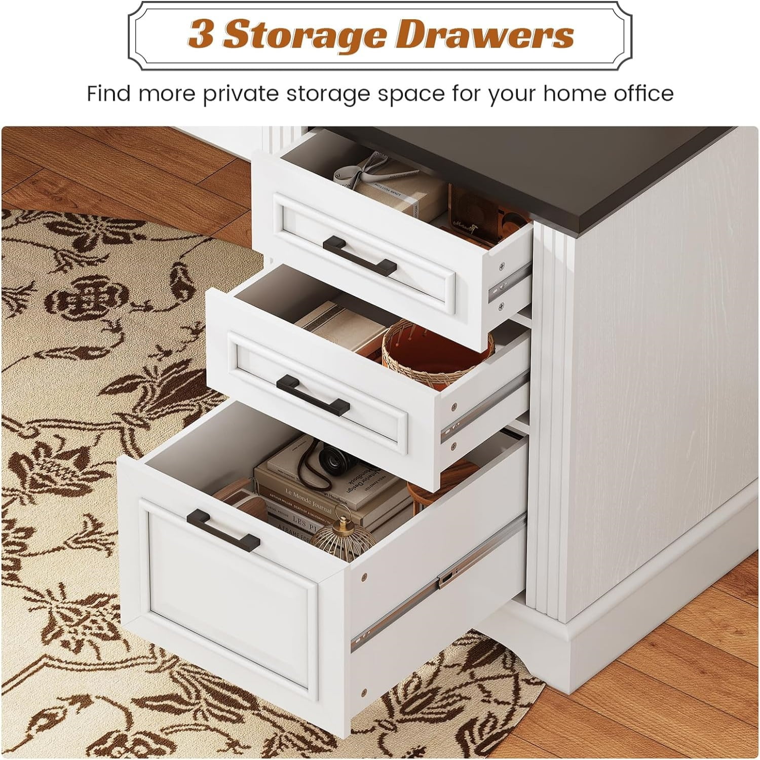 55" Executive Desk with Power Outlets and Storage, Wood Computer Desk with 2 Drawers & 1 File Drawer for Home Office, Large PC Workstation Farmhouse Office Desk, White