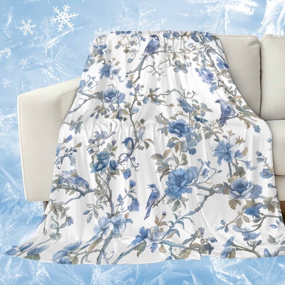 Blue Floral Birds Cooling Blanket, Lightweight Breathable Summer Throw Blanket with Double Sided Cold Effect, Farmhouse Flowers Pastoral Picnic Beach Blankets Bed Sheet for Hot Sleepers 30"x40"