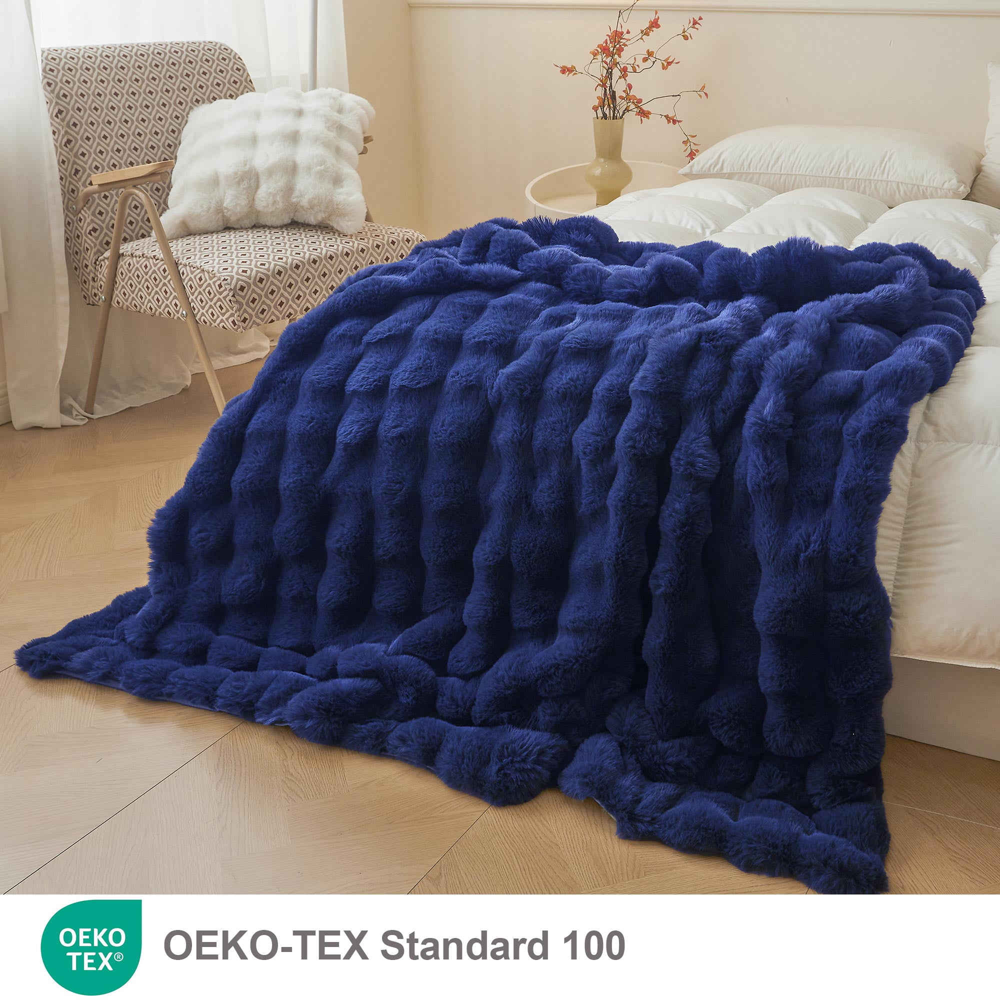LIFEREVO Fluffy Faux Rabbit Fur Bubble Blanket, Plush Shaggy Throw for Couch Sofa, Cozy Comfy Furry Bed Blanket Adults Kids Teens Girls, Royal Fuzzy Throw for Bedroom Living Room 60x90, Navy Blue