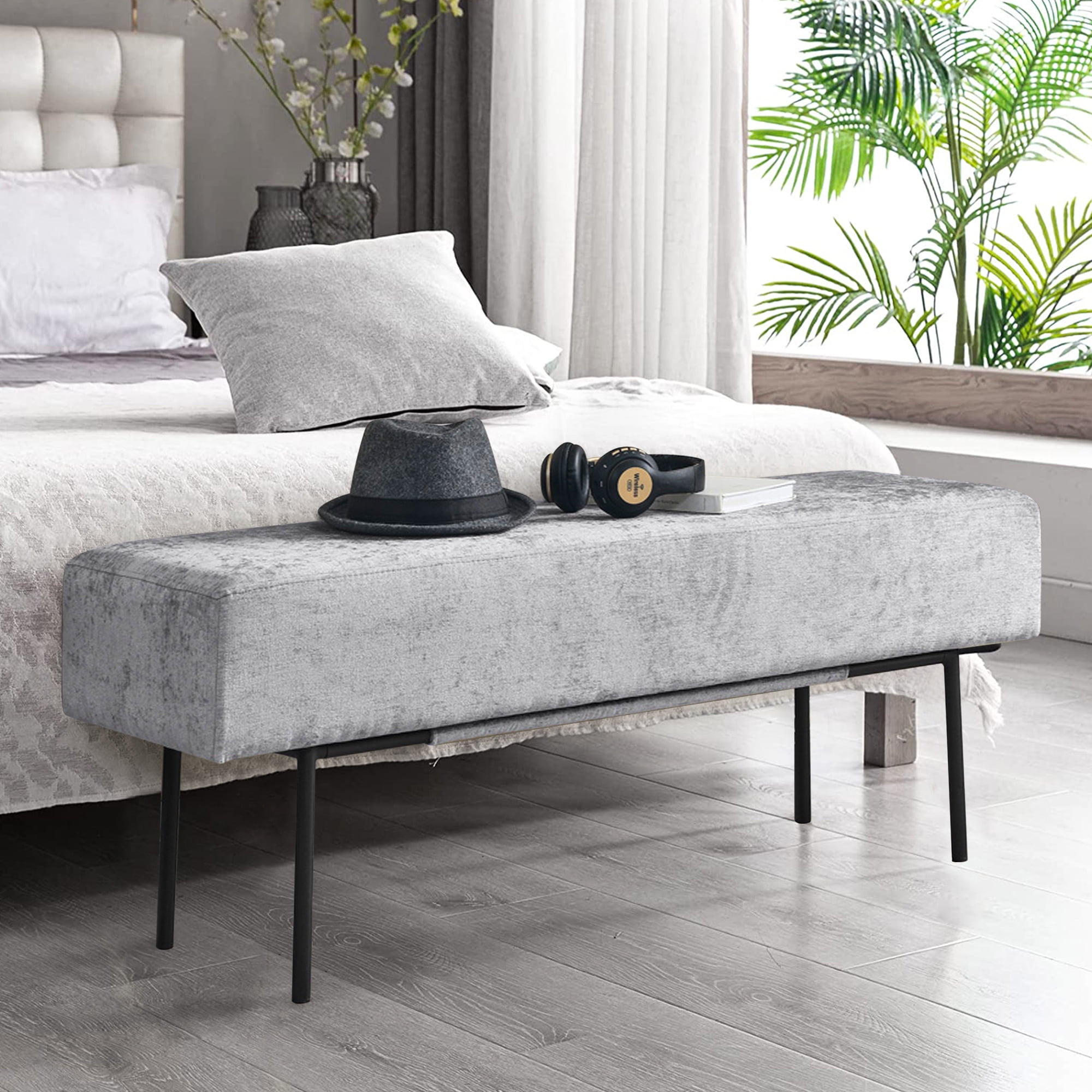 Sesslife Gray Upholstered Bench, 45"L Bench for Bedroom Entryway