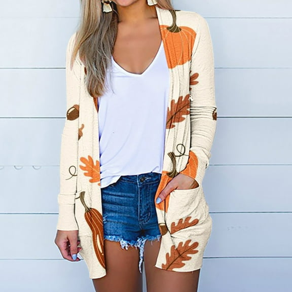 VOONCAS Womens Fall Cardigan Open Front Mid-Length - Beige, 95% Polyester 5% Spandex, Soft Stretch with Side Pockets, Fall Pumpkin/Oak Leaf Print Versatile Layer,Size S