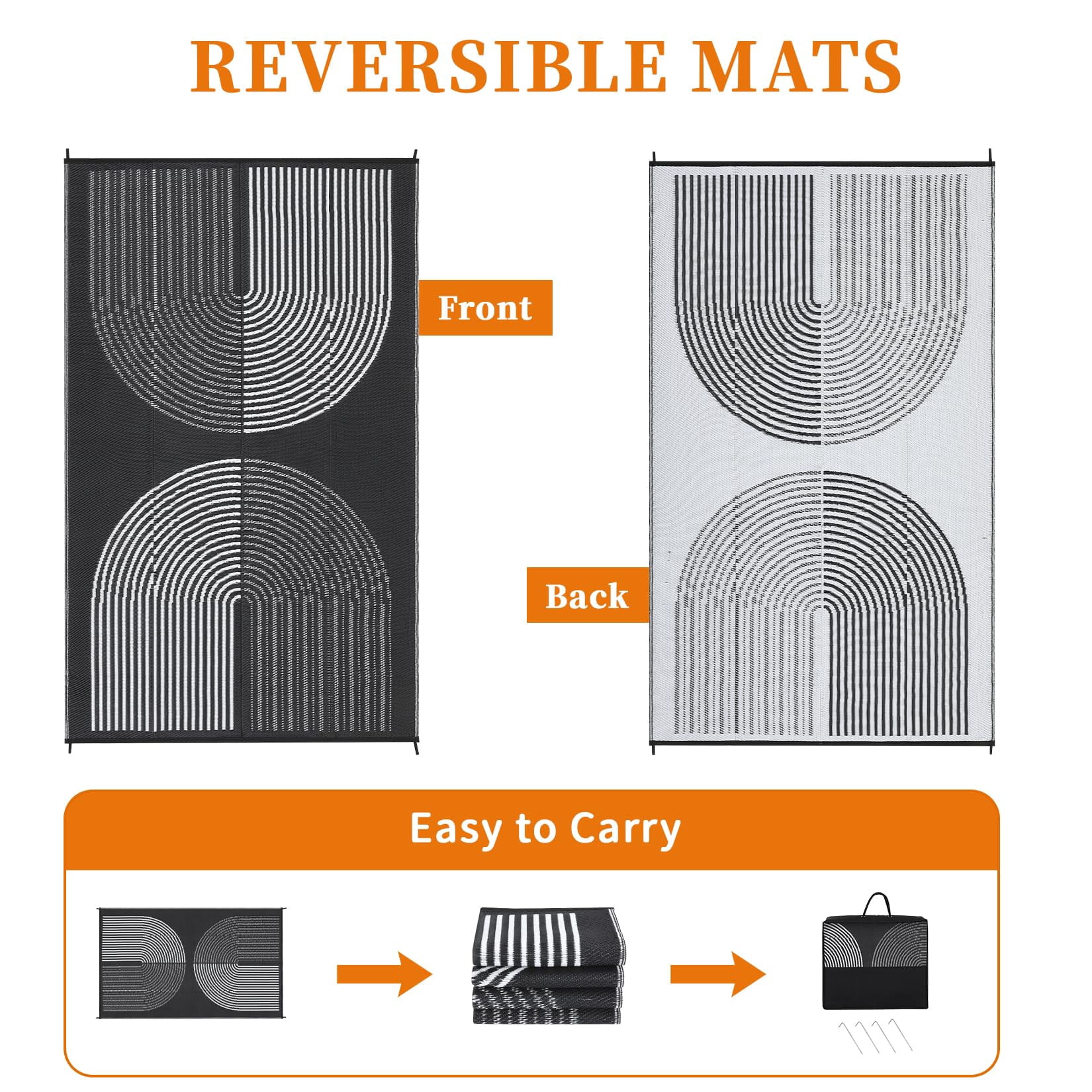 Kicctian Outdoor Rug 8x10FT Patio Waterproof, Outdoor Patio Rug Plastic Straw Outdoor Carpet, Large Modern Area Rug Carpet for Camping Poolside RV, Easy to Clean, Black & White