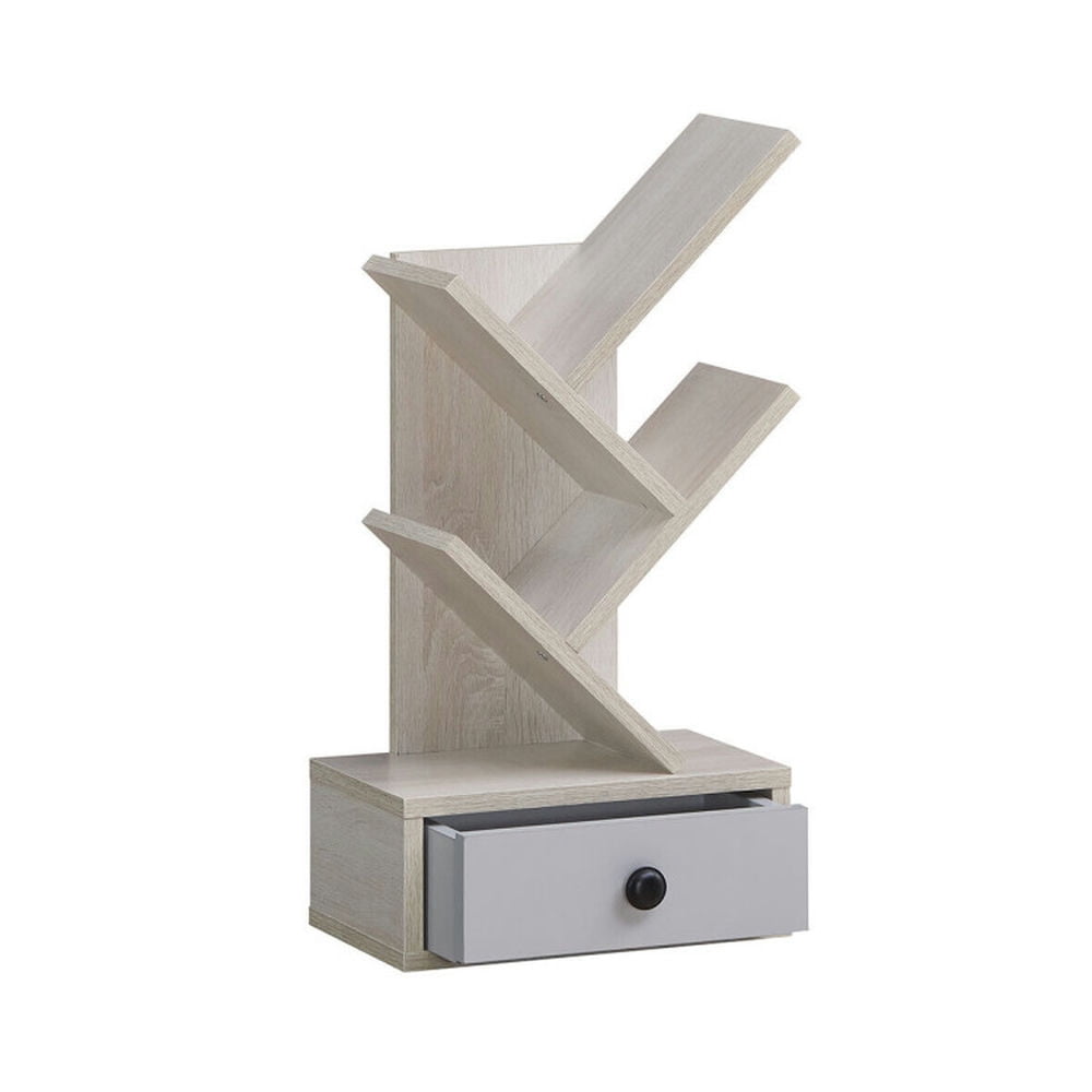 Demi Bonn 5-Tier Floor Standing Tree Bookcase with Drawer, Space-Saving Bookshelf, Beige