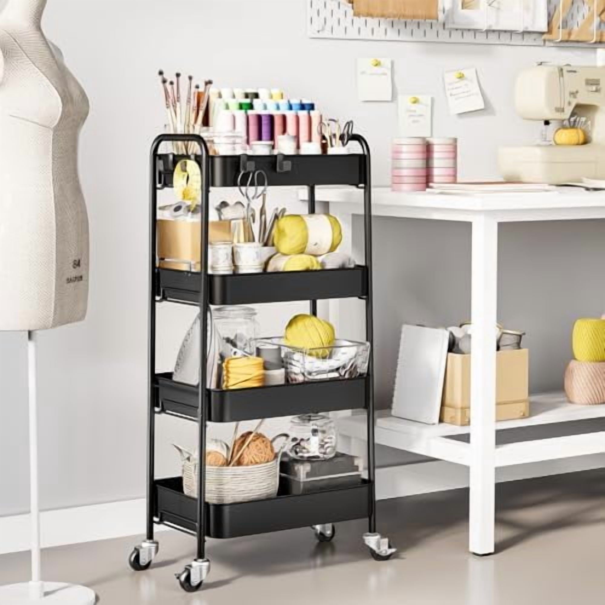 4-Tier Metal Rolling Cart with Wheels, Storage Utility Organizer Cart for Kitchen, Bathroom, Office, Baby Essentials & Makeup - Lockable Casters, Easy Assembly, Large Capacity, Black