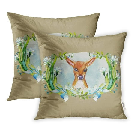 USART Blue Adorable Baby Deer Floral Cute Best Manufacturing DIY Brown Animal Pillow Case Pillow Cover 18x18 inch Set of
