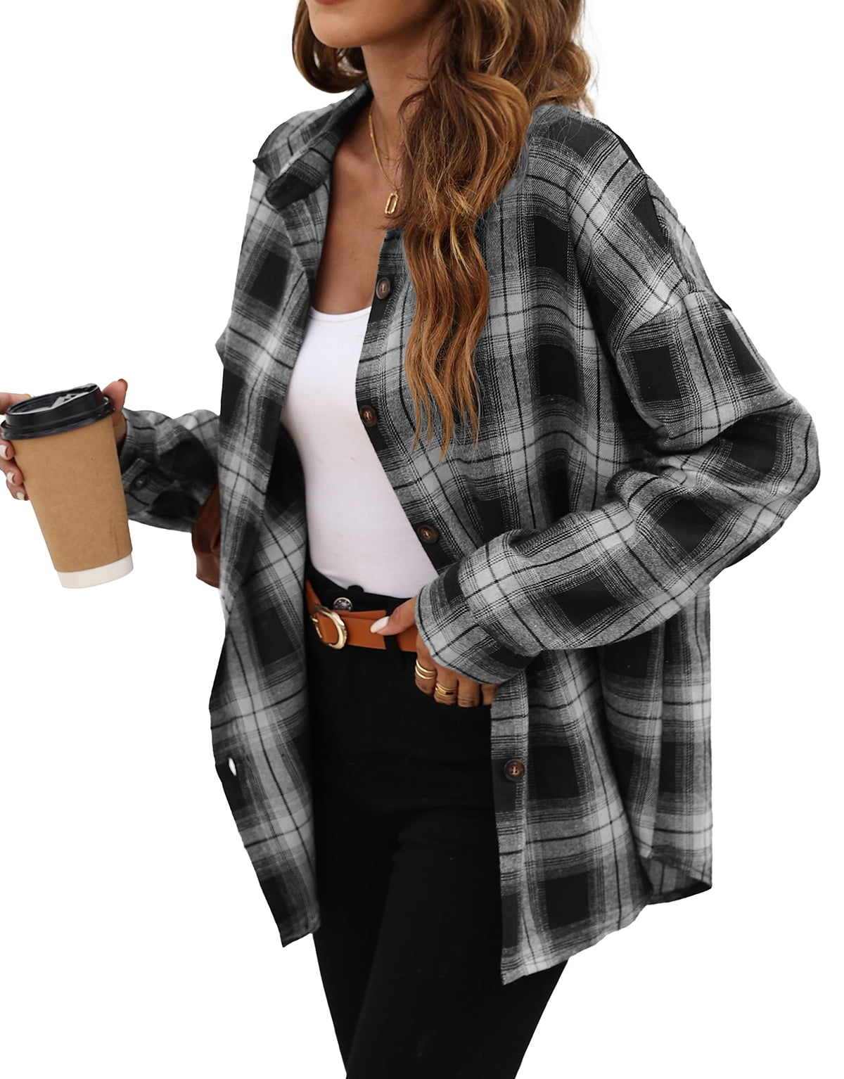 Fantaslook Plaid Flannel Shirts for Women Oversized Long Sleeve Button Down Shirts Blouses Tops