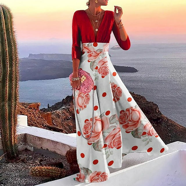Robes pour Femmes 2024 Été Oversize Col en V Profond patchwork Imprimé style Vacances Grande Jupe Longue Rabais de 50 % Liquidation!
