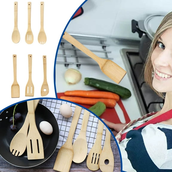 Kids Tableware,Set Of 6 Spoon Spatula For Non Stick Pot Carbonized And Wood Spatula Wooden Spoon Kitchen Utensils
