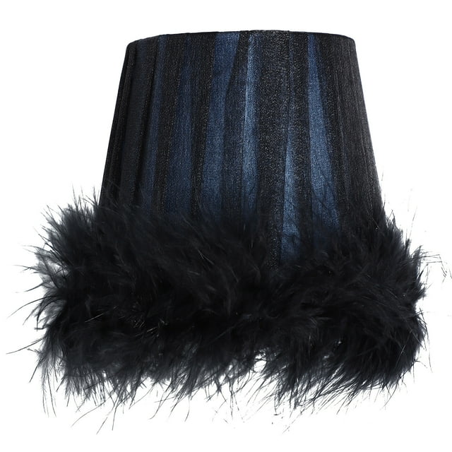 1pc Feather Lampshade Indoor Use Lamp Cover Bedside Light Decor Accessory. This lamp shade features a black cloth material with vertical textured patterns and a trim of soft black artificial feathers at the base. Measuring approximately 12.00x11.00x8.00cm (4.72x4.32x3.14in), it is designed to protect the lamp from dust while softening light for a cozy atmosphere. Suitable for bedrooms, living rooms, and other spaces, it adds a decorative touch and is easy to install.