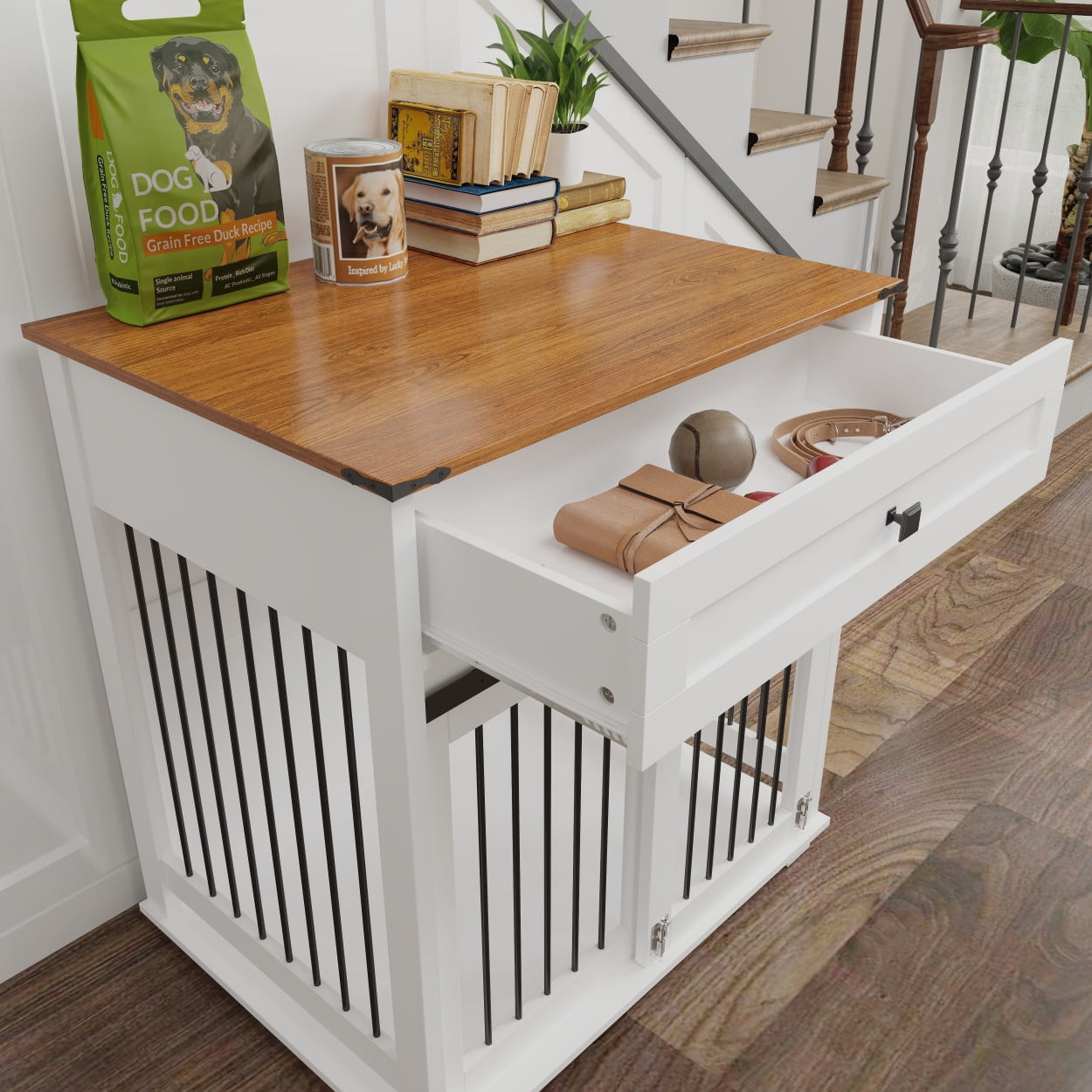 Dog Crate Furniture with Sliding Barn Door, Storage Drawer & Metal Bars, Heavy Duty Indoor Kennel End Table for Small & Medium Dogs, Brown white