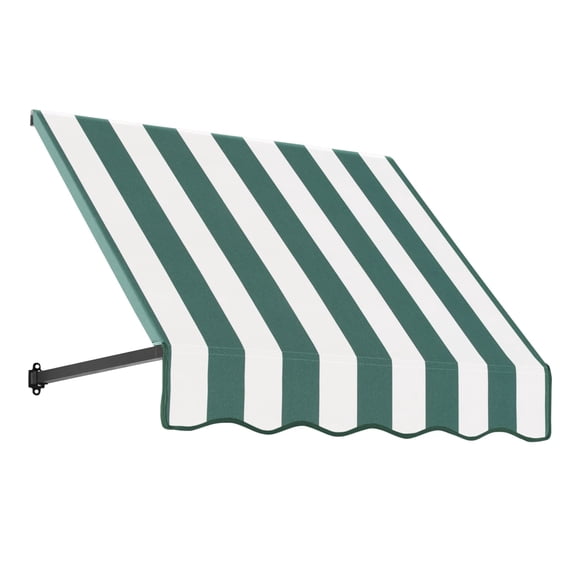 Awntech 4.38 Ft Dallas Retro Straight Slope Fixed Awning with Anodized Arms (52.5in x 18in x 24in), Forest/White Stripe