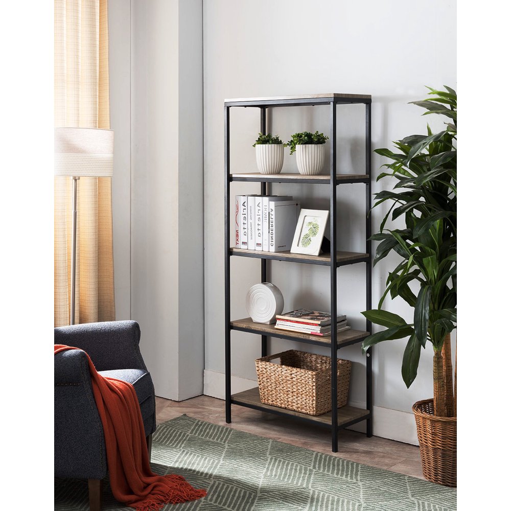 Kinley 5 Tier Shelves Industrial Style Storage Bookcase, Gray Wood