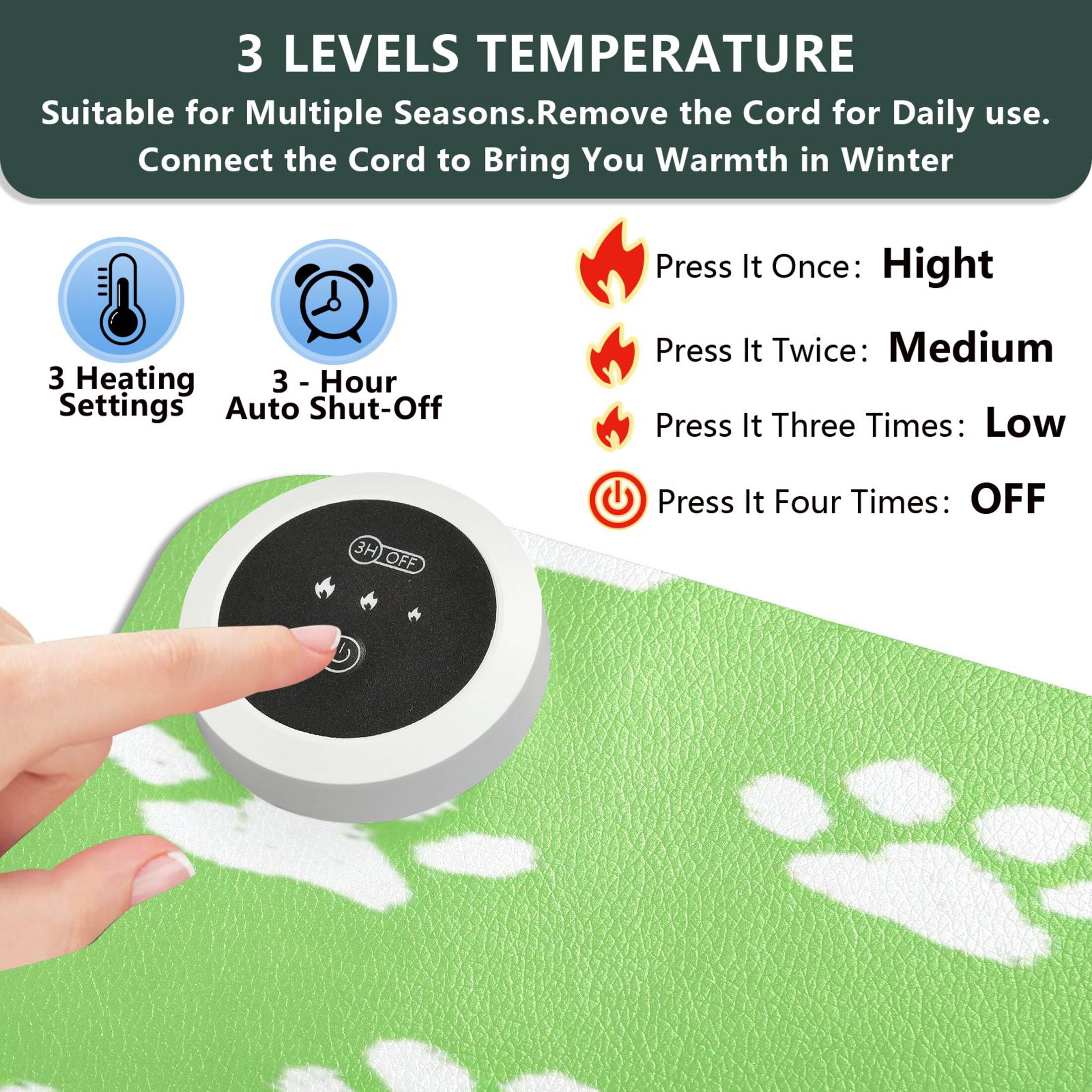 Large Heated Desk Mat Mouse Pad 31.5"x13"PU Leather Graphene Heating Desk Warmer with 3 Temperature Settings 110V US Plug Non-Slip Warm Pad for Home, Office, and Gaming Green Paw Print Pattern