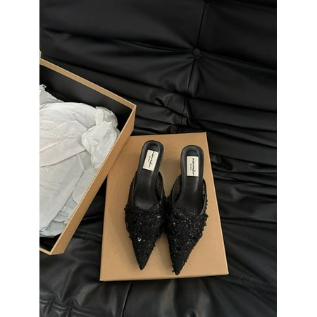

French Style Skirt High Heel Half Slippers Spring and Autumn Elegant High Heels Evening Style Gentle Single-layer Shoes All-match Sequin Shoes