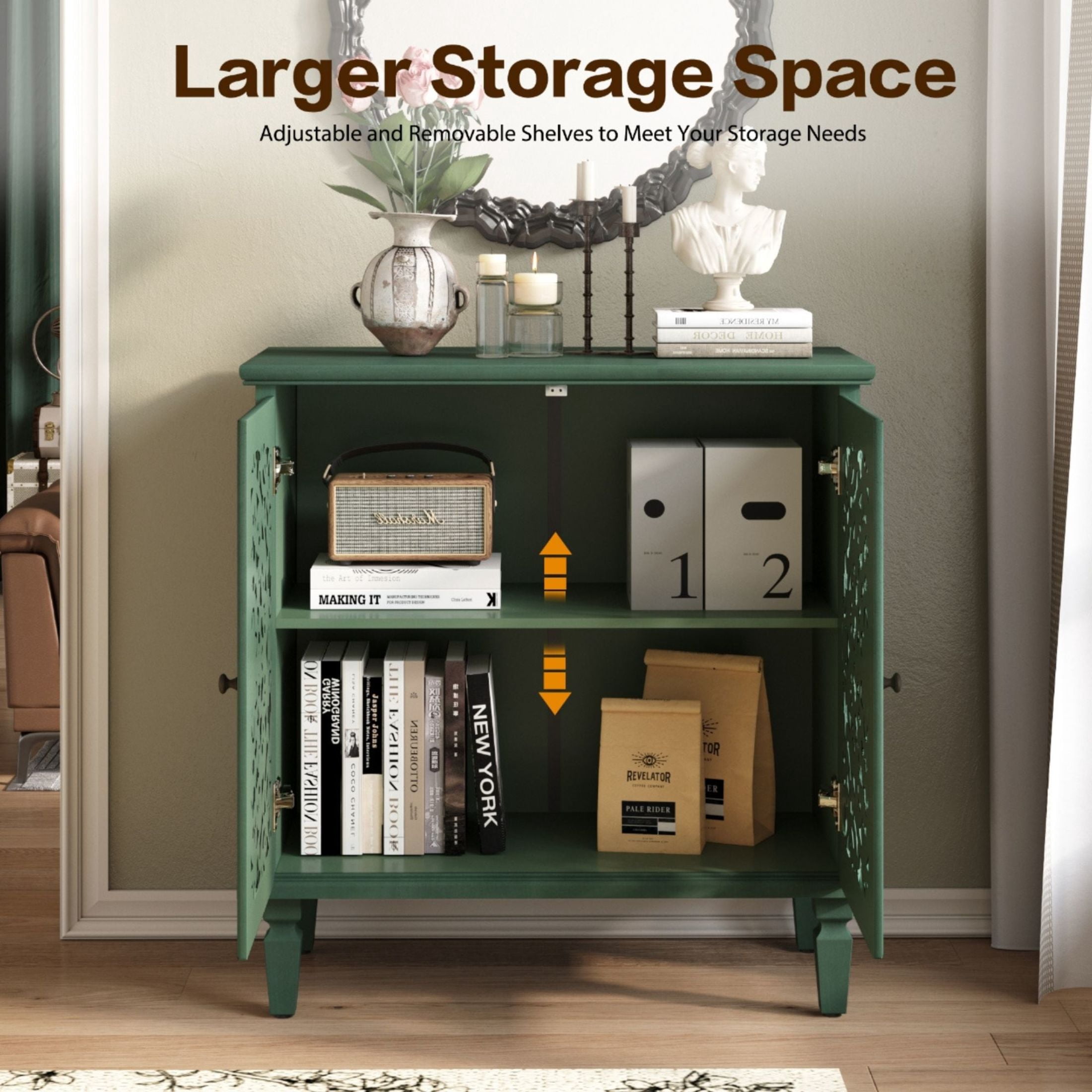 Noble house Vintage Hollow-Carved Accent Cabinet, 2-Door Sideboard, Adjustable Shelf & Solid Wood Legs,Antique Green