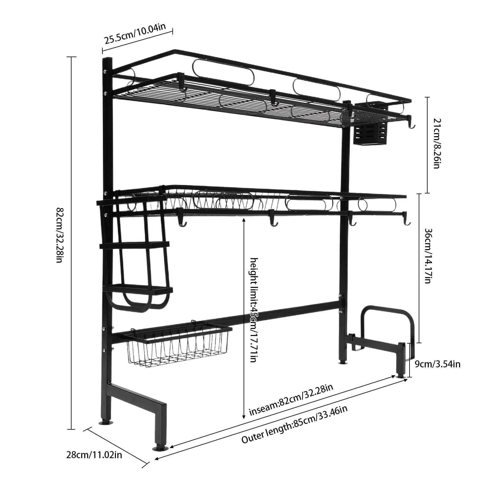 2 Tiers Over Sink Dish Drying Rack Cutlery Drainer Kitchen Shelf Cup Organizer Black for Home Kitchens