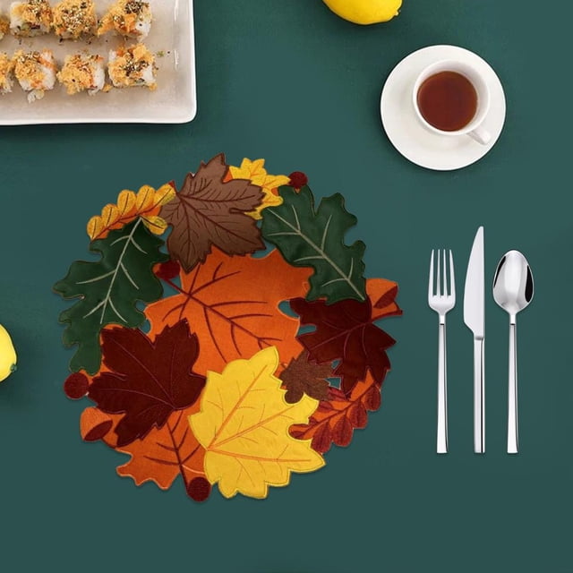 Feltree Maple Leaf Hand Embroidered Openwork Leaf Placemats Thanksgiving Pumpkin Applique Embroidered Pads Colorful Maple Leaves
