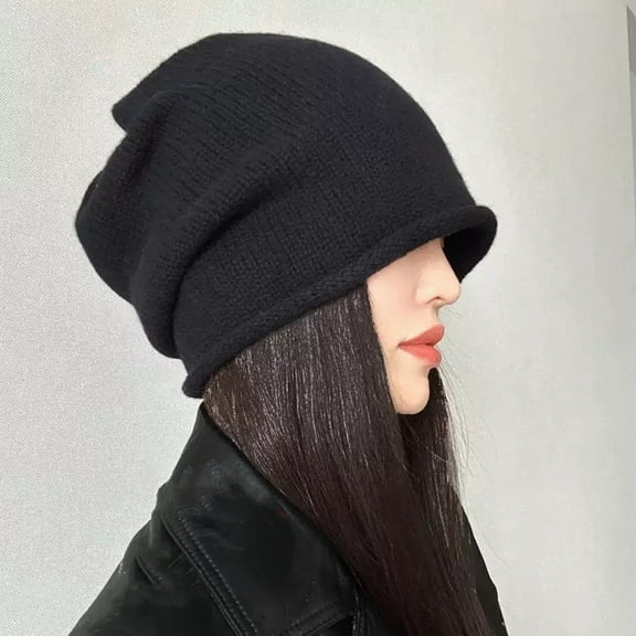 100% Wool Slouch Beanie - Face-Framing Winter Warmth Hat,One Size Fits All,black